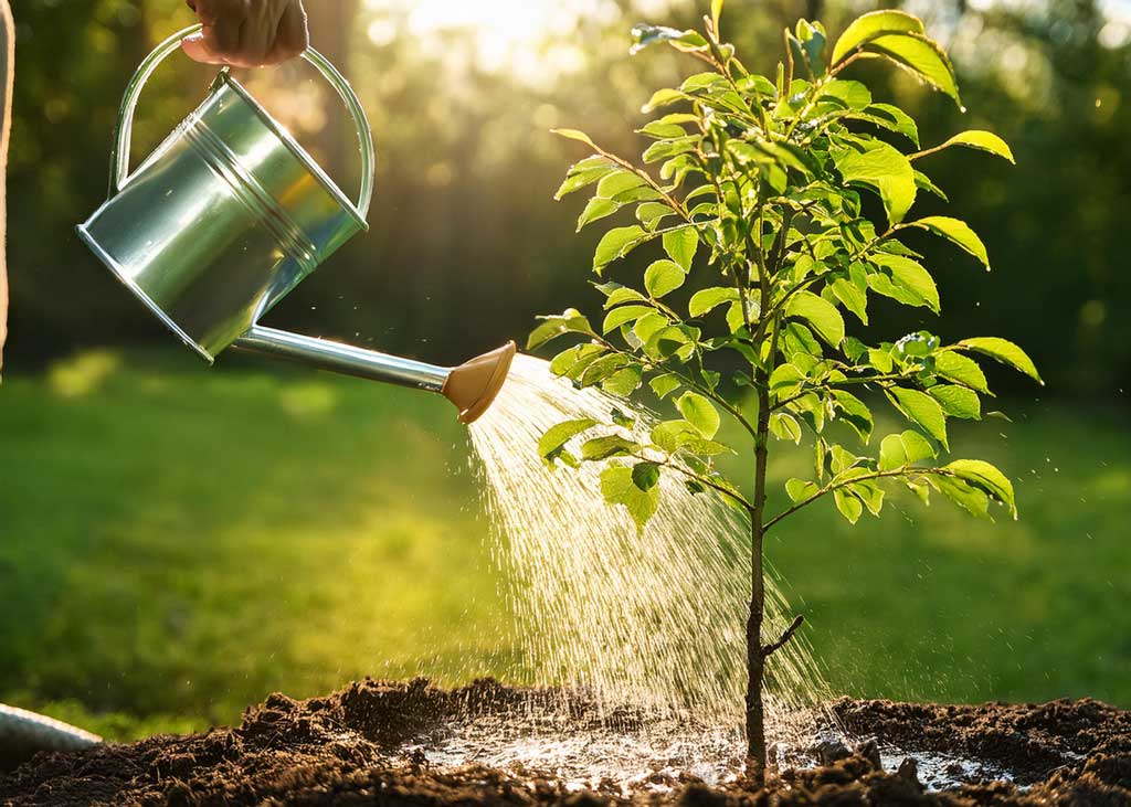 Hand watering a young tree